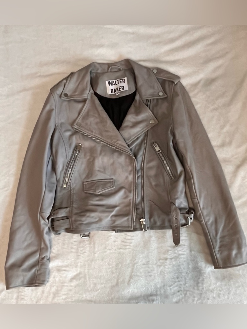 Walter Baker Silver-Grey Leather Moto Jacket